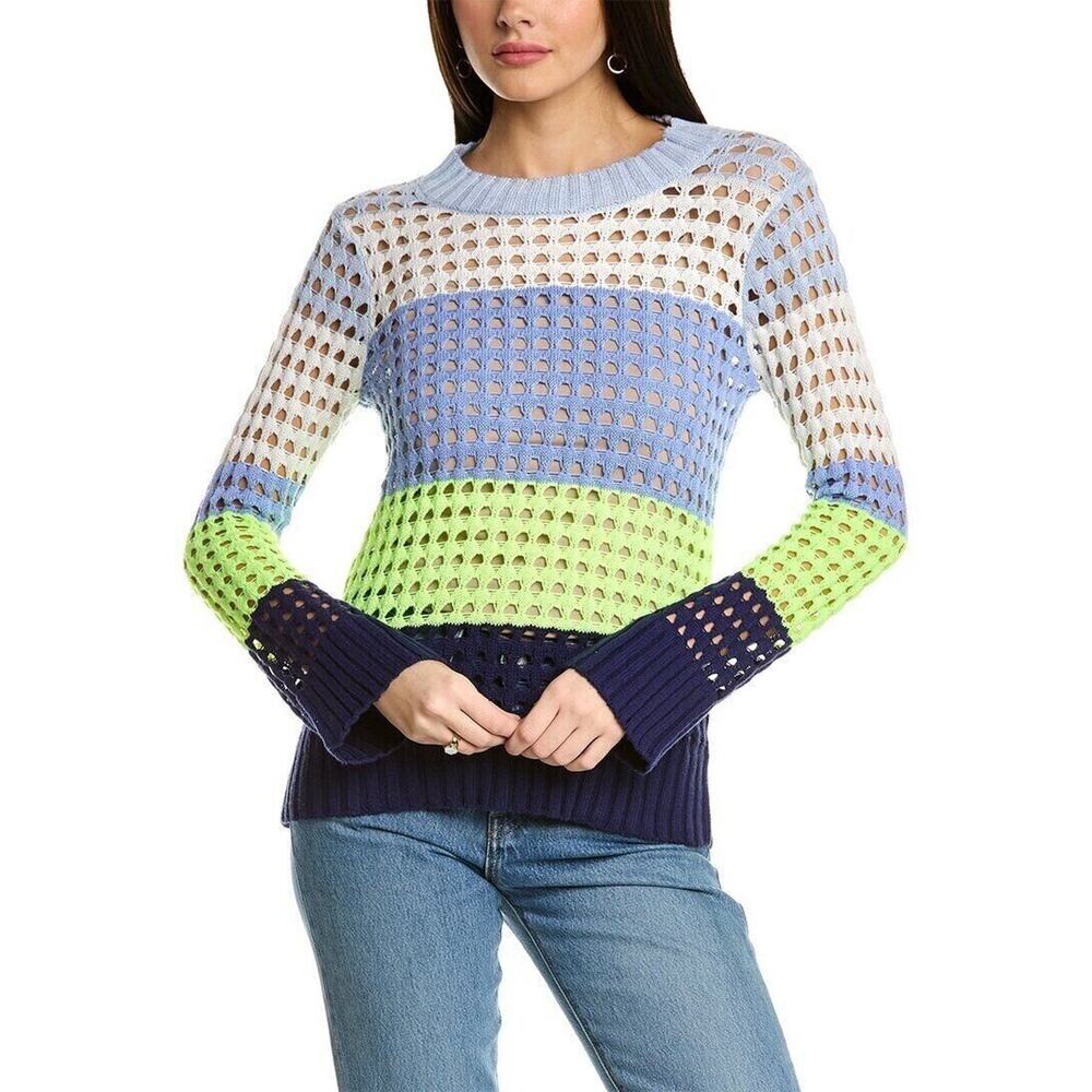 Wispr‎ Sweater Womens XS Neon Pointelle Stripe Silk-Blend Open Knit Lightweight
